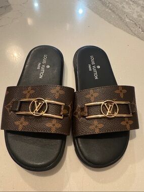 Designer LV Kids Brown Monogram Gold LV Buckle Slide Sandals
